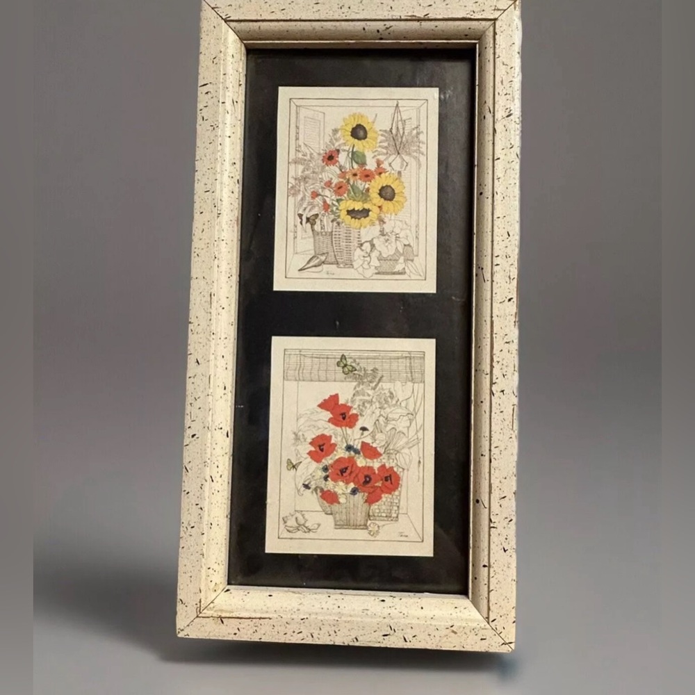 Vintage Framed Prints Signed TARA Poppies Sunflowers Yellow Frame 2 Farmhouse